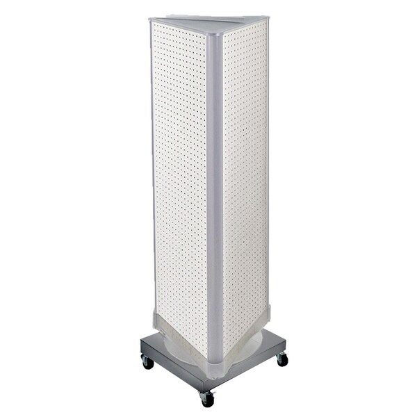 Three-Sided Revolving Pegboard Tower Floor Display on Wheeled Metal Base. Spinner Rack Stand.